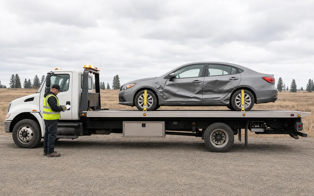 Collision-damaged car securely loaded on a flatbed tow truck outside Cheney, Washington