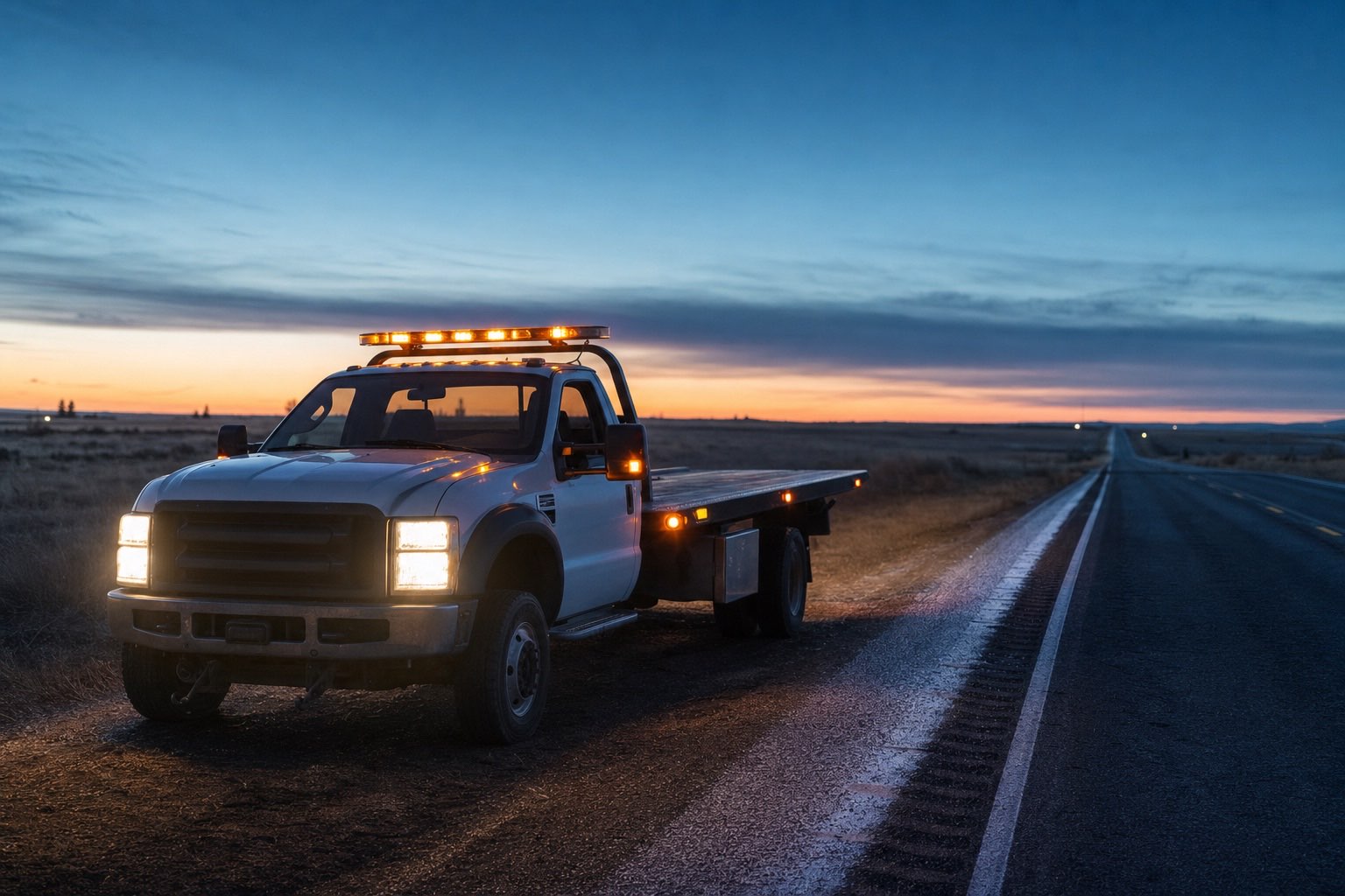Tow truck with amber beacon lights working a roadside call at night near Cheney, WA